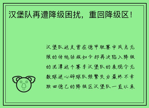 汉堡队再遭降级困扰，重回降级区！