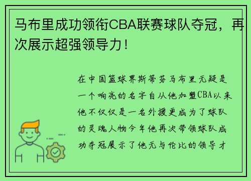 马布里成功领衔CBA联赛球队夺冠，再次展示超强领导力！