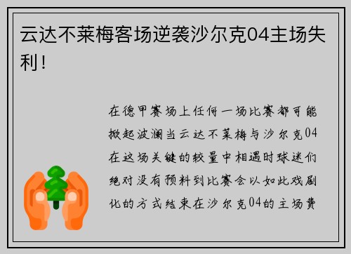云达不莱梅客场逆袭沙尔克04主场失利！