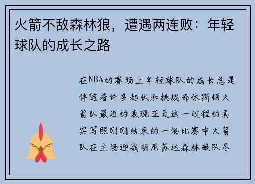 火箭不敌森林狼，遭遇两连败：年轻球队的成长之路